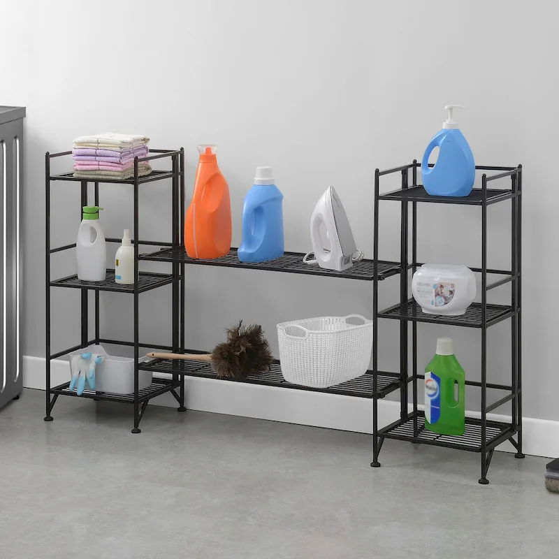3 Tier Folding Metal Shelves with Set of 2 Deluxe Extension Shelves