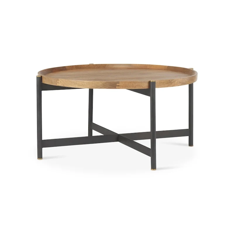 Marquisa Medium Brown Solid Wood w/ Black Iron Frame 34 Round Coffee Table - 34L x 34W x 16.5H