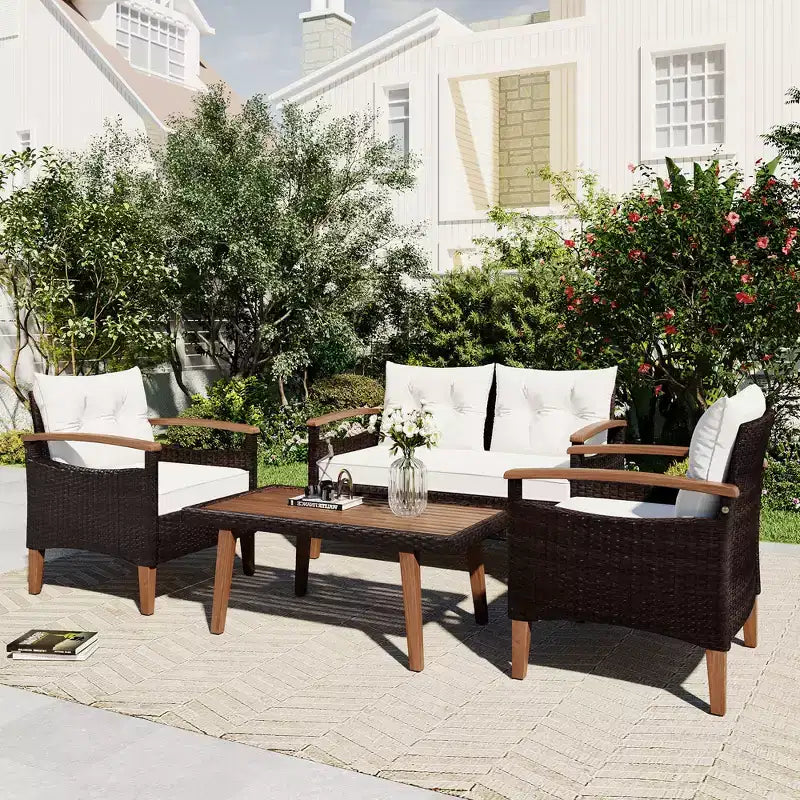4PCS Patio PE Rattan Conversation Seating Set with Wood Tabletop and Legs-ModernLuxe