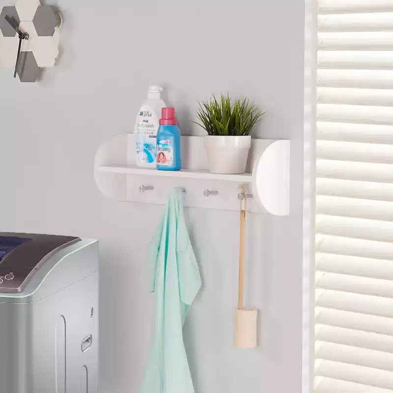 Danya B Utility Shelf with Four Large Stainless Steel Hooks White: Towel Rack, Entryway Organizer, No Assembly Required