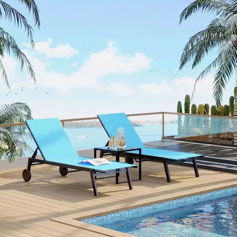 2-Piece Brown Patio Chaise Lounge Set  Outdoor Textile Sun Loungers with 5-Position Backrest, Wheels & Matching Side Table