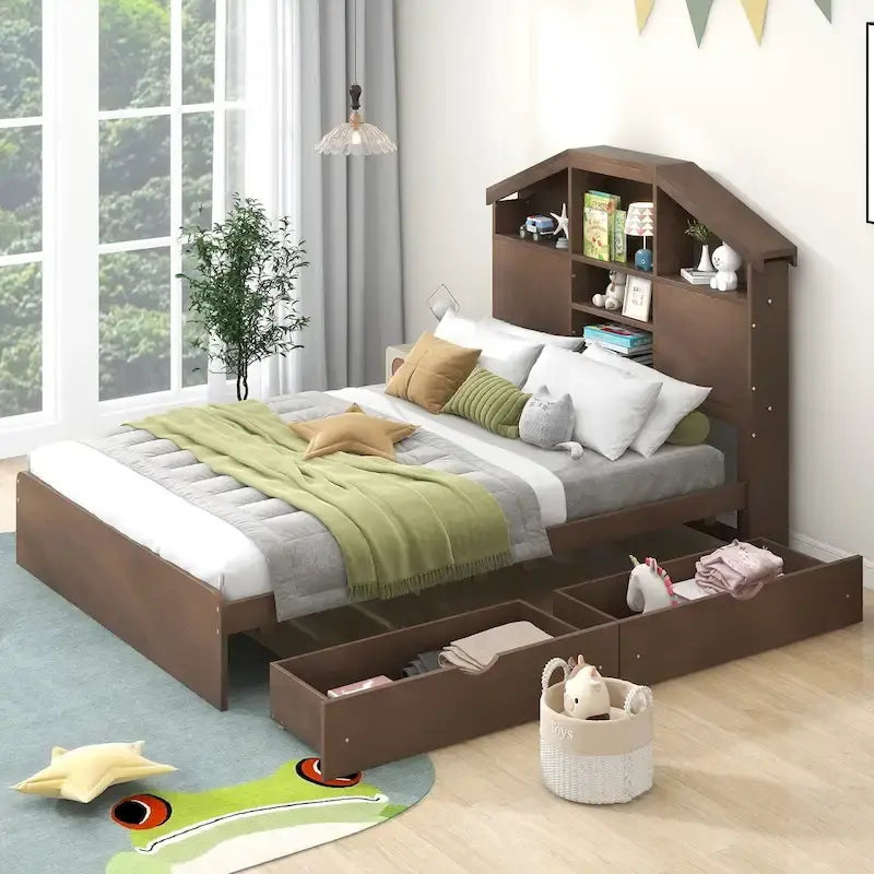 Walnut / Grey Pine Wood Twin Platform Bed with House-Shape Headboard, 5 Shelves and 2 Drawers for 1 Person