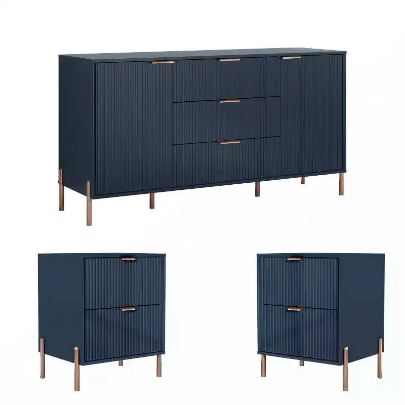 Festivo 3pc Modern Elegance 2 Drawer Nightstands and 3 Drawer Dresser Set Navy