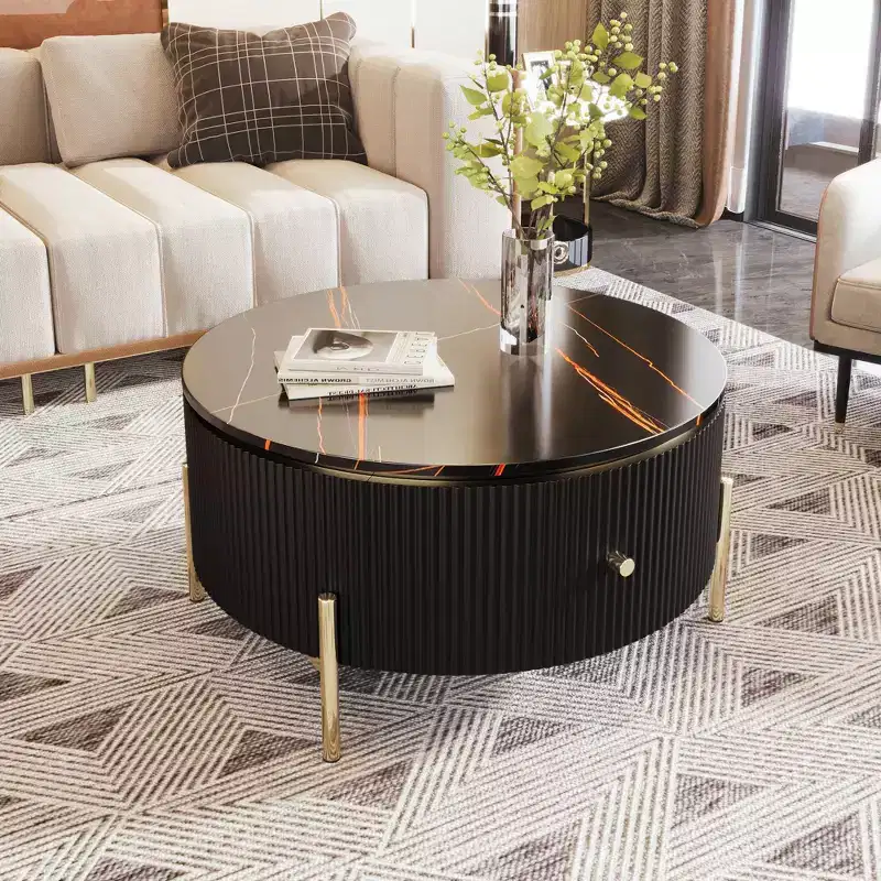 80 cm Round Storage Coffee Table �C 2 XL Hidden Drawers, Space-Saving, Black