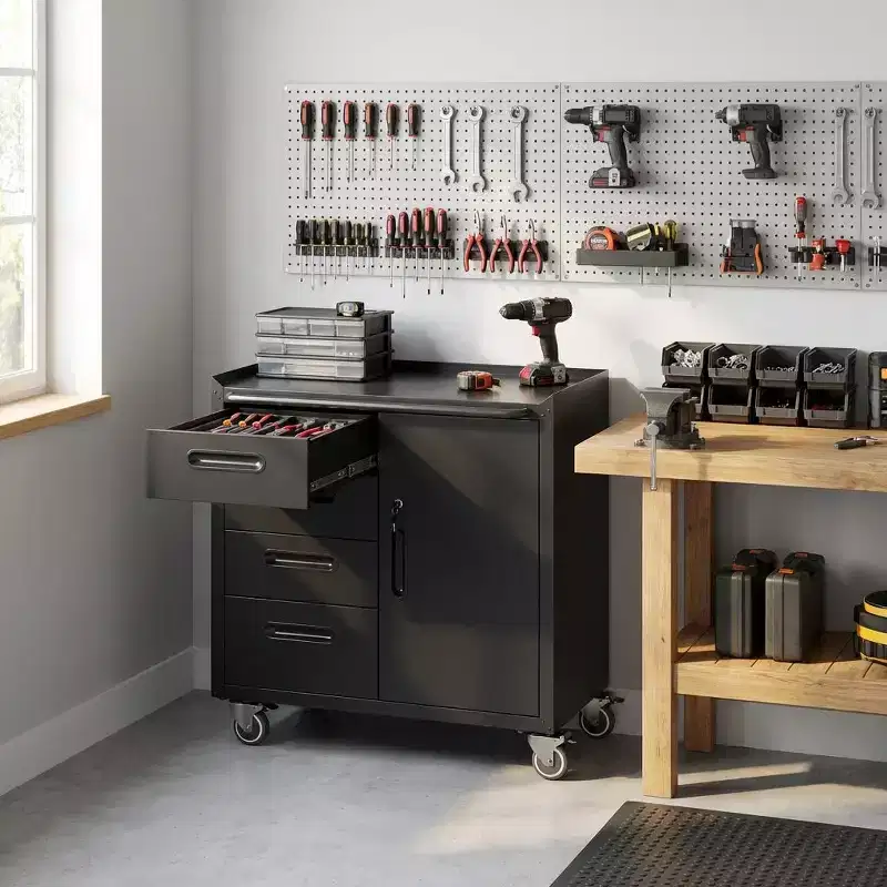 Rolling Steel Tool Cabinet 鈥?4 Drawers + Lockable Storage, 34.65Hx29.53Wx16.5D