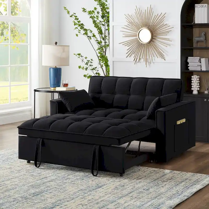 4-in-1 Pull-Out Sleeper Sofa Bed - Loveseat in Velvet -Convertible Couch Bed with Reclining Backrest,2 Side Pockets