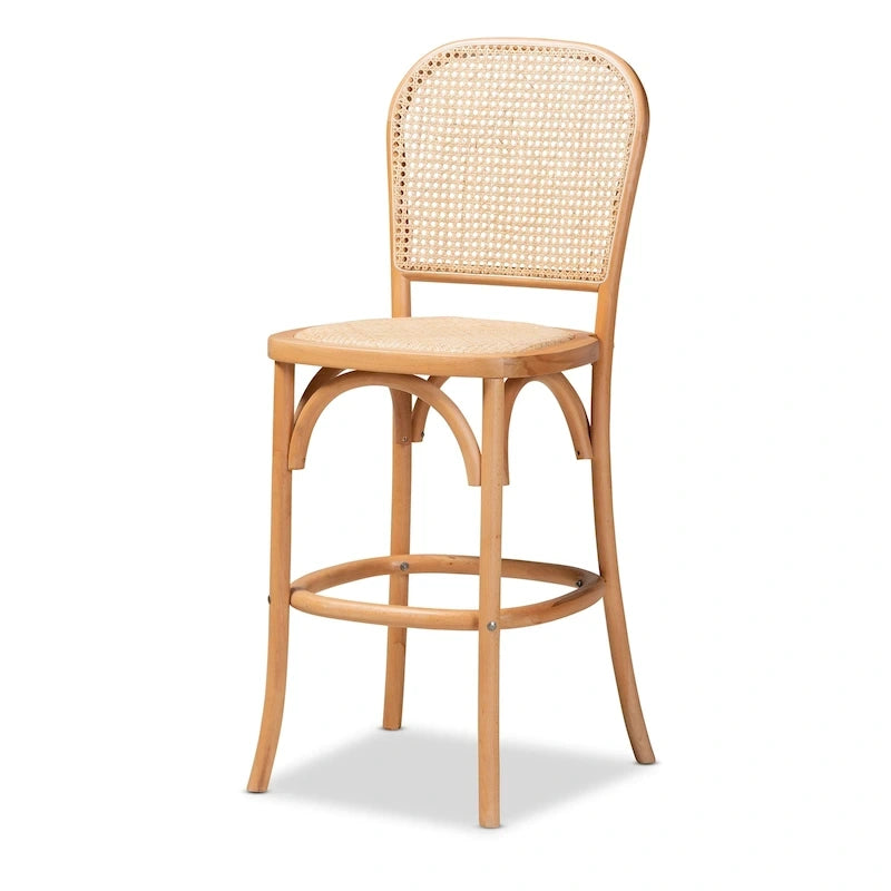 Vance Mid-Century Modern Woven Rattan and Wood Counter Stool