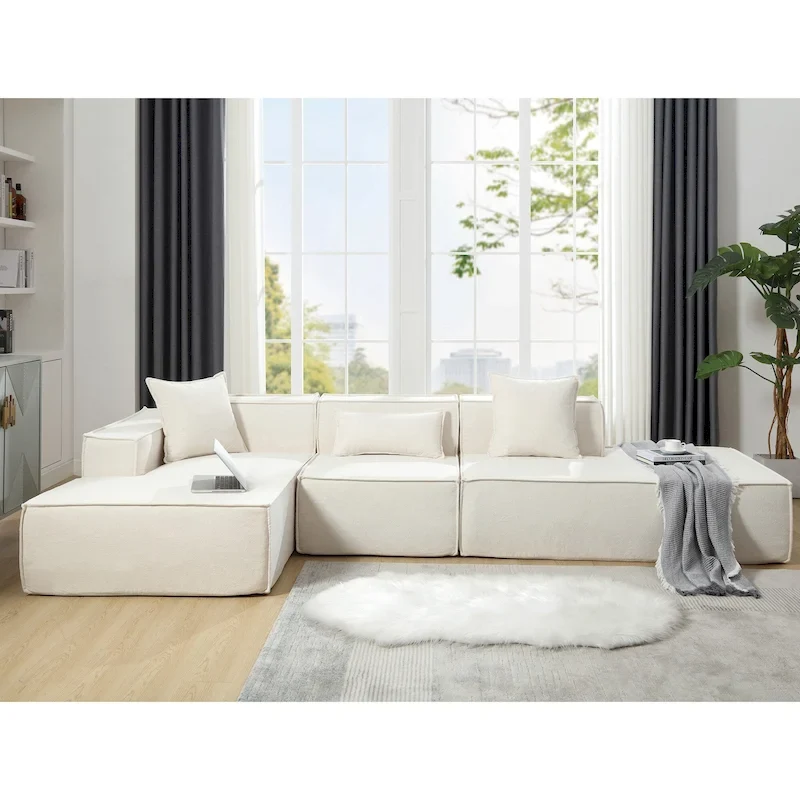 129.5 Minimalist Modular L-Shaped 4-Seat Sofa Set with Chaise