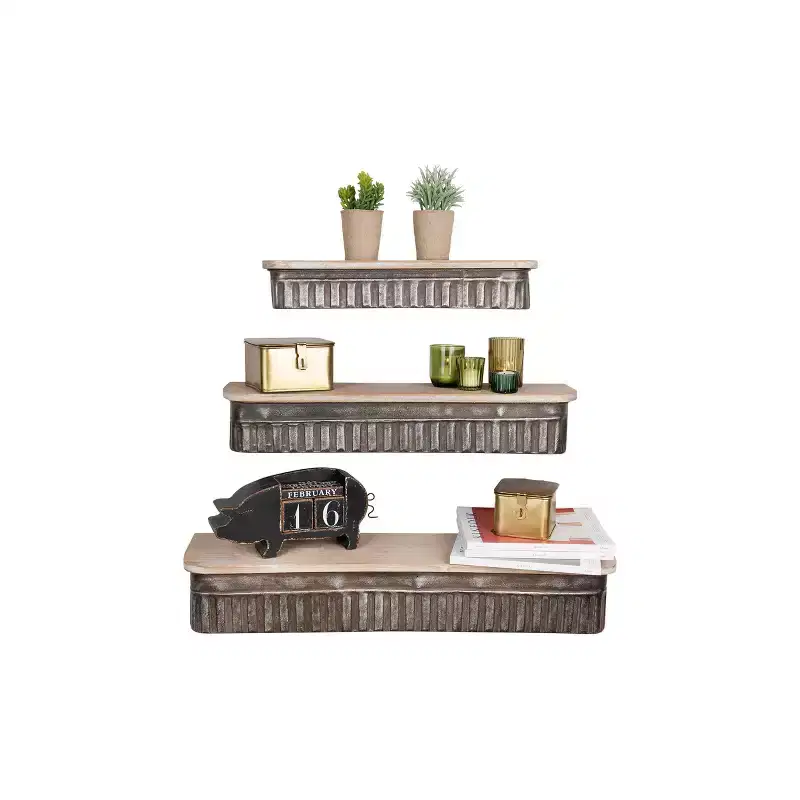 Storied Home Metal & Wood Shelves Set of 3 - No Assembly, Rustic Decor, Open Shelving