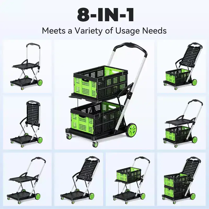 BSMTEK Double Basket Collapsible Shopping Cart with Wheels Green