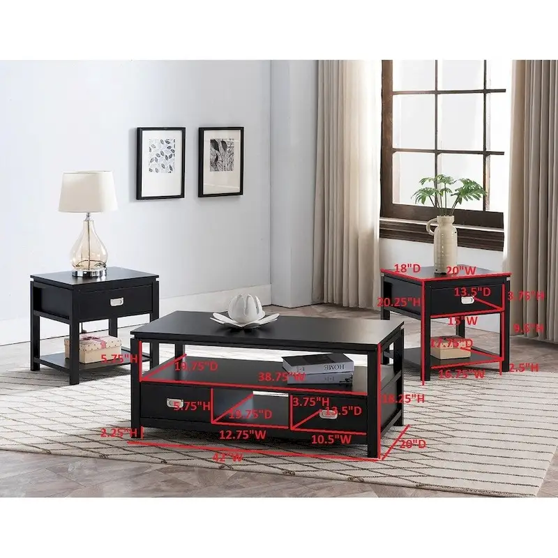 Black Finish Wood 3 Pack Coffee Table Set