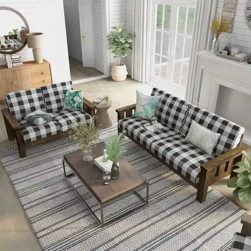 Jimo Rustic Oak and Linen Fabric 2-Piece Sofa Set by Furniture of America