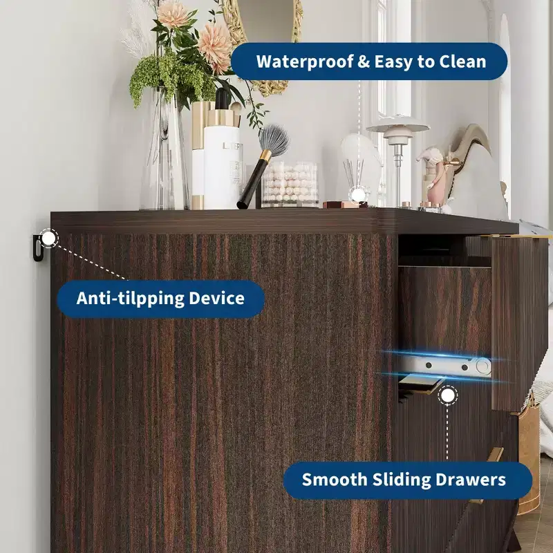 Dresser, 54 Wide Modern Fluted 7 Drawer Chest of Drawers, Large Wooden Storage Cabinet with Curved Design