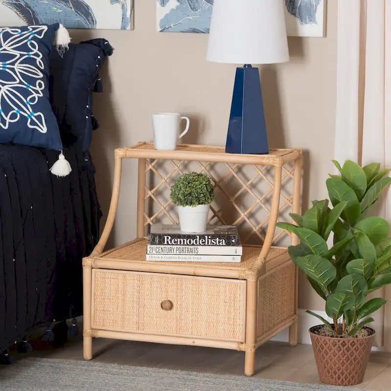 Natural Brown Rattan 1-Drawer Nightstand