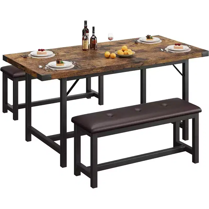 Extendable Dining Table Set for 4-6, Farmhouse Kitchen Table with 2 Upholstered Benches, Drop Leaf Table and Benches Set for Dining Room, Kitchen