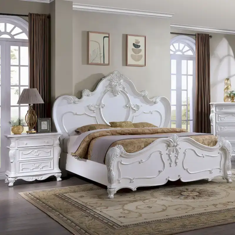 Traditional 4-Poster Bed & 2 Nightstands Set – White / Dark Cherry – King / Queen
