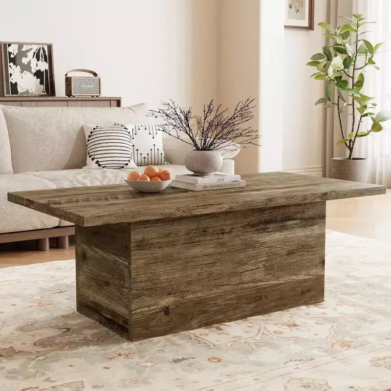 Rectangular Coffee Table, 47.25-Inch Modern Solid Wood Medium Coffee Table, Wooden Farmhouse Rustic Cocktail Coffee Table