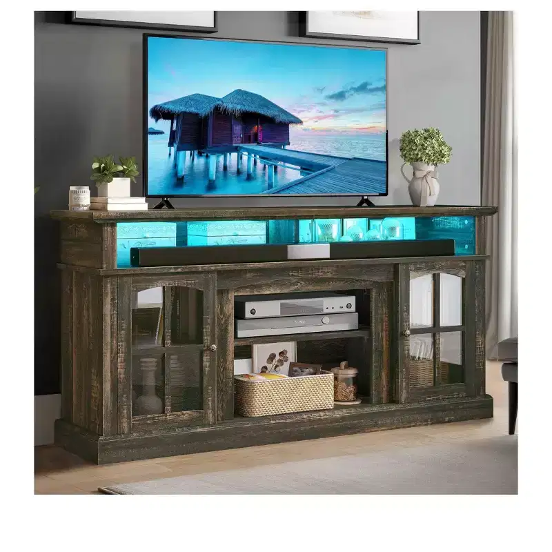 LED Farmhouse TV Stand for 75 Inch , Entertainment Center with Glass Doors & Power Outlets, Media Console Cabinet for Living Room,Dark Rustic Oak