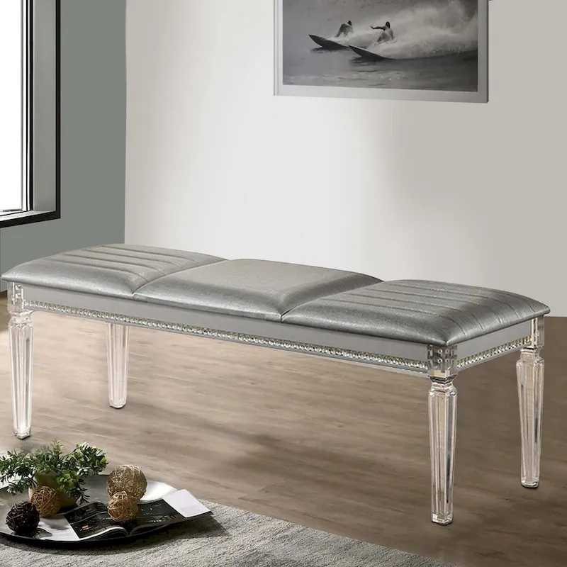 54 Inch Modern Upholstered Bench, Clear Acrylic Legs, Crystal Accents