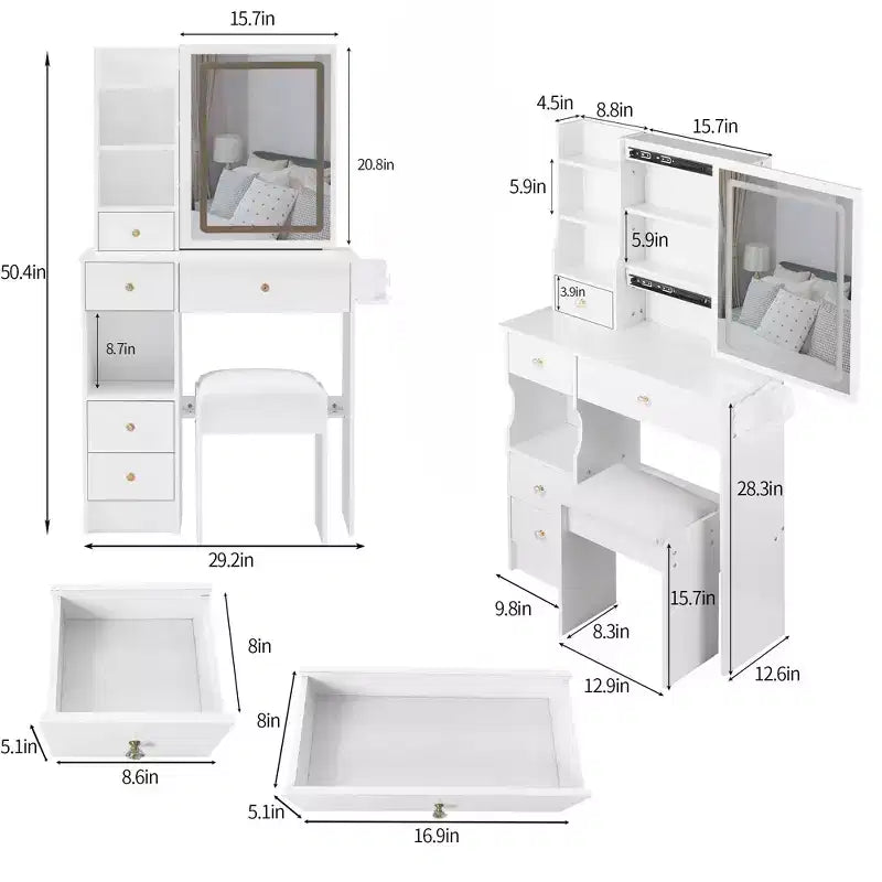 29.2 Makeup Vanity Desk with Mirror, Small Makeup Vanity Table with Stool, Dressing Table with Hair Dryer Bracket & Open Storage for Small Space