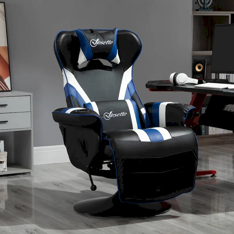 Race Video Game Chair with Reclining Backrest and Footrest, Headrest, and Cup Holder