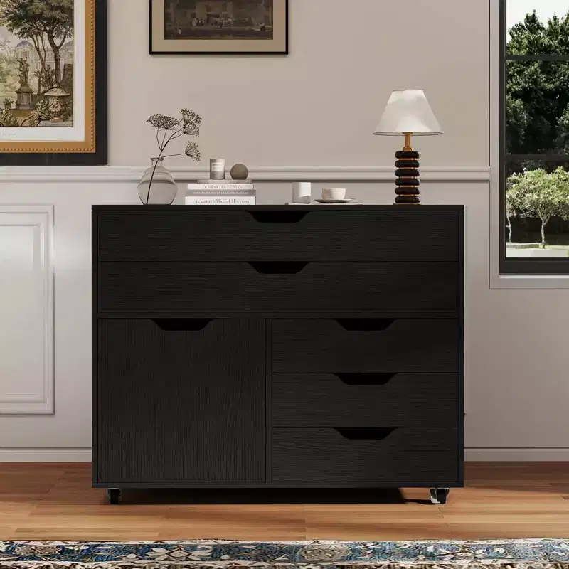 Costway 5-Drawer File Cabinet Mobile Chest of Drawers with Side Cabinet 5 Casters White/Brown/Black
