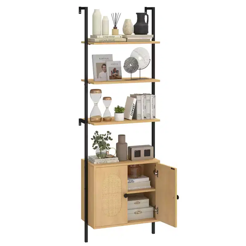 Costway 1/2 PCS Ladder Bookshelf with Rattan Cabinet 71 Tall Wall Mounted Bookcase Natural