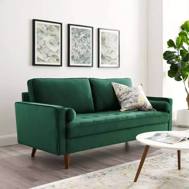 Green Velvet Tufted Sofa, Mid-Century Style, Seats 3
