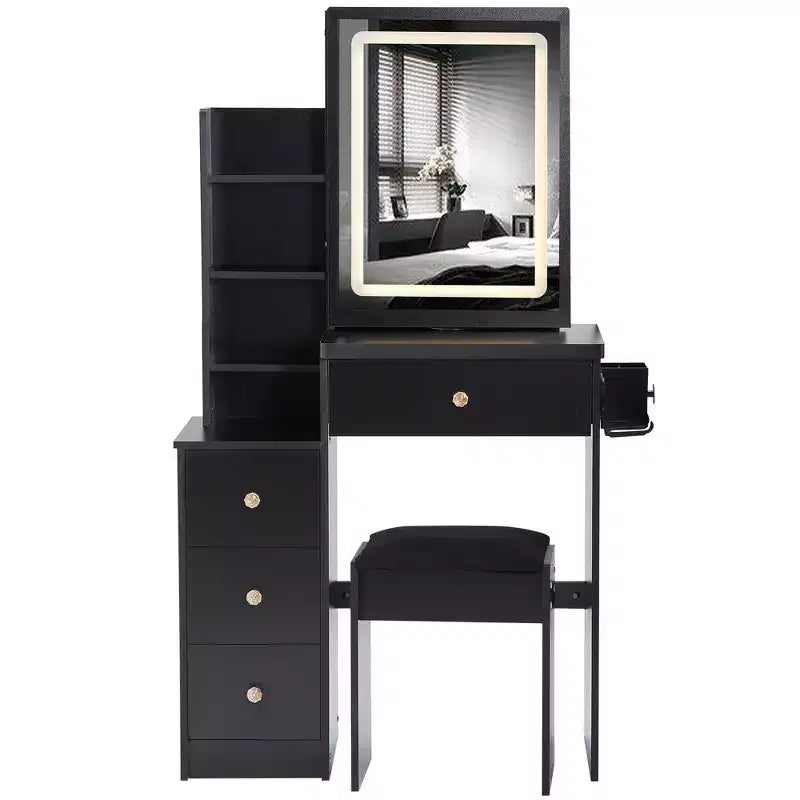 Okak 29.2IN Small Vanity Table with Cushioned Stool and Hair Dryer Stand, Makeup Vanity with Power Station and 3-Color Switch, Vanity Desk
