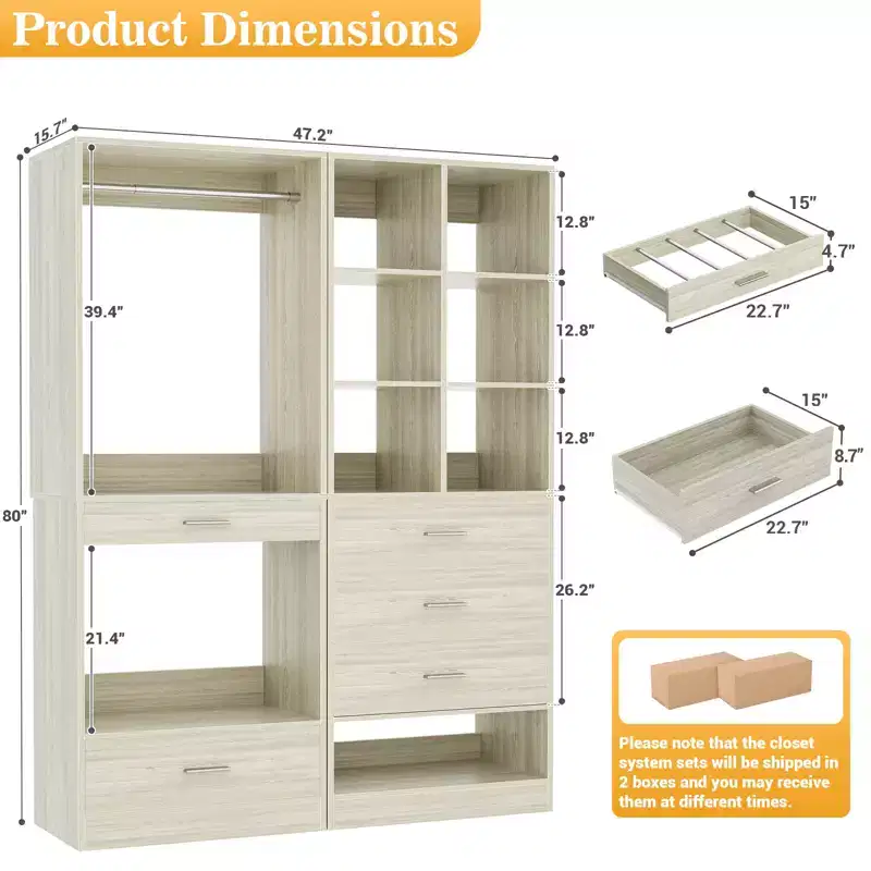 Besiost Set of 2 Freestanding Closet System with 4 Drawers, Walk-In Wardrobe Organizer with Hanging Rod