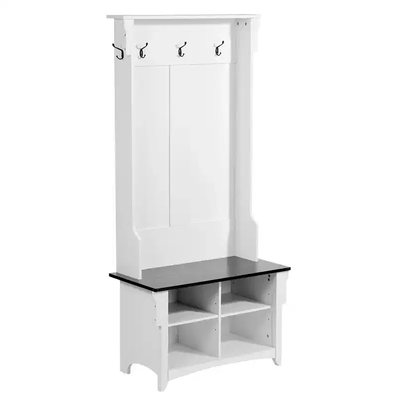 Hall Tree Entryway Bench with Coat Rack, Shoe Storage & 5 Hooks, 32