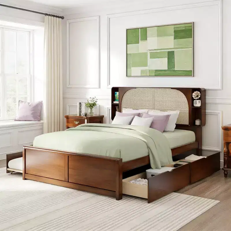 Luxystar Queen Size Rattan Headboard Platform Bed with 4 Storage Compartment, 2 Drawers and Trundle, Walnut