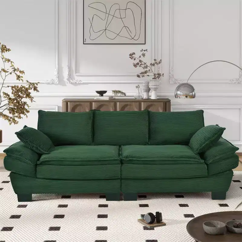 Mid Century Modern Couch,Corduroy Upholstered Small Sofa with 2 Throw Pillows, Comfortable Backrest, Sofa for Living Room Bedroom