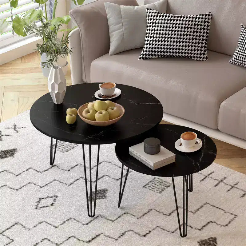 Modern Round Nested Side 2 Table Set, featuring a round marble-textured tabletop and a sturdy metal baseSuitable for living rooms and bedrooms