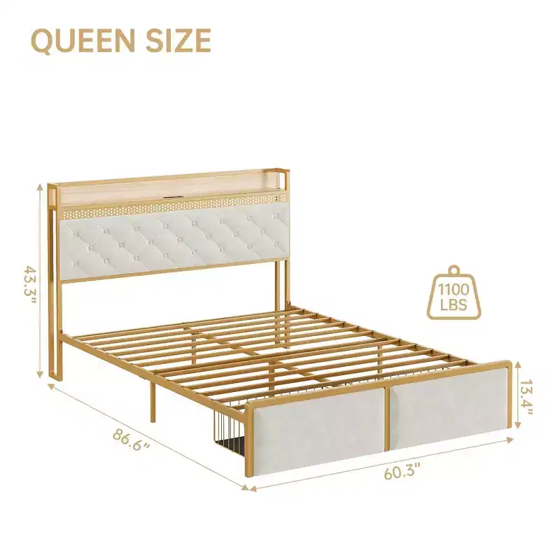 Bed Frame with Storage Headboard, Platform Metal Bed with Charging Station & 2 Drawers, No Box Spring Needed
