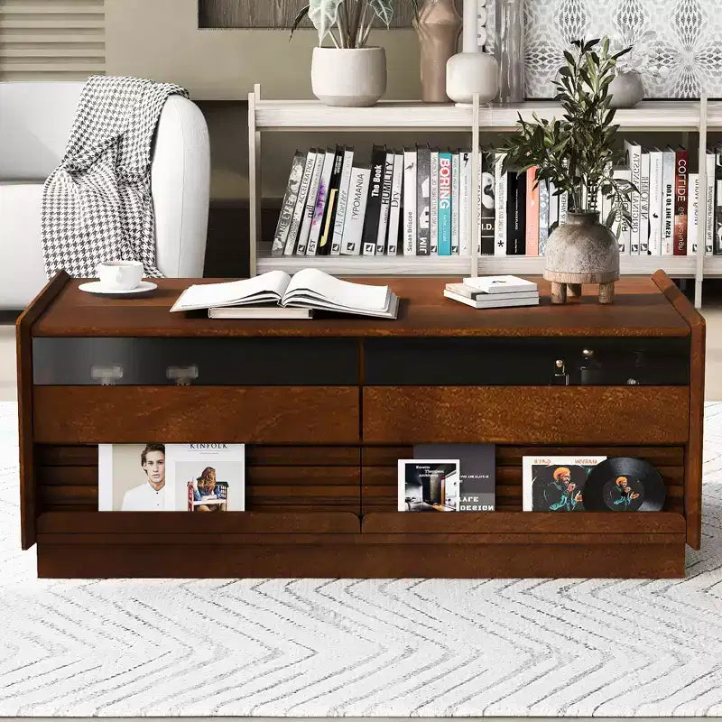 47.2-inch Modern Wooden Rectangular Coffee Table with 4 Drawers and 2 Display Shelves, Tempered Glass Top, Brown