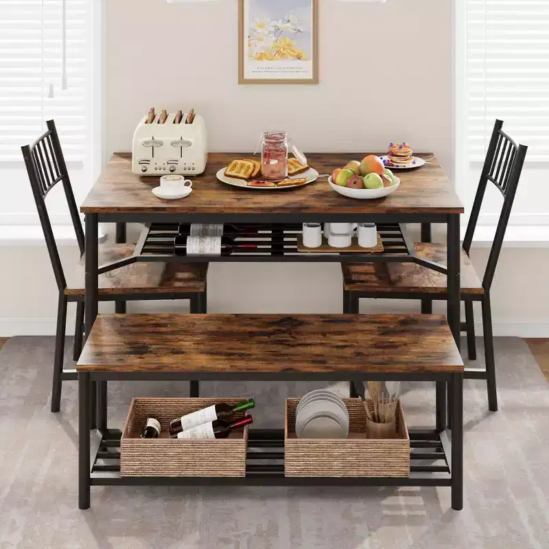 Dining Table Set for 4, Wooden Rectangular Kitchen Table with 2 Chairs and Bench, Dining Room Table with Wine Rack for Small Space, Apartment, Home
