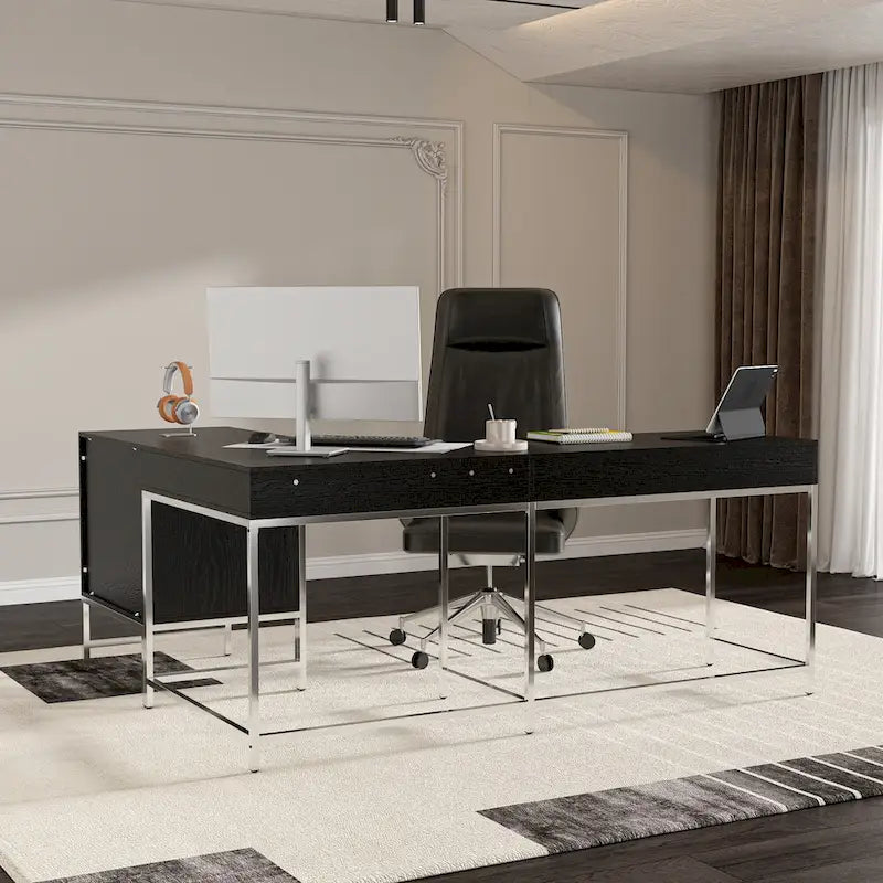 L-Shaped Black Wood Grain Office Desk with 5 Drawers and Steel Frame
