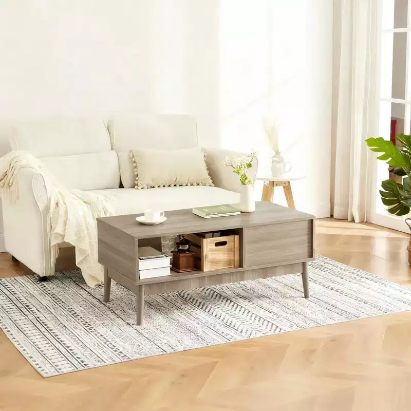 39.4 Modern Farmhouse Coffee Table C Natural Wood, Rustic Fluted MDF Design with Open Shelf & Drawer Storage C Perfect for Living Room (1-Pack)