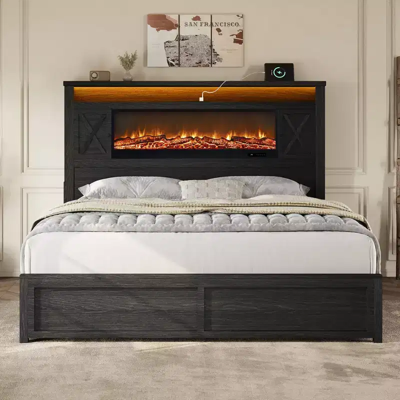 AMERLIFE Storage Platform Bed with Fireplace Headboard, LED Lights, Charging Station, Drawers