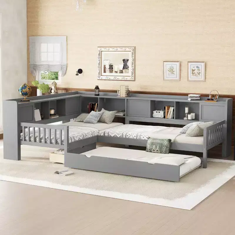 L-shaped Platform Bed Twin Size with Trundle Solid Wood Platform Bed with Storage Drawers and Shelves No Spring Box Needed Grey