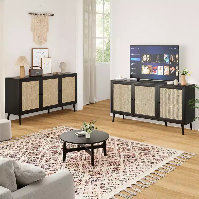 JVNOXK Modern Sideboard with 3 Rattan Doors, Kitchen Storage Console Cabinet, Suitable for Entryway/Living Room (Large, Black)
