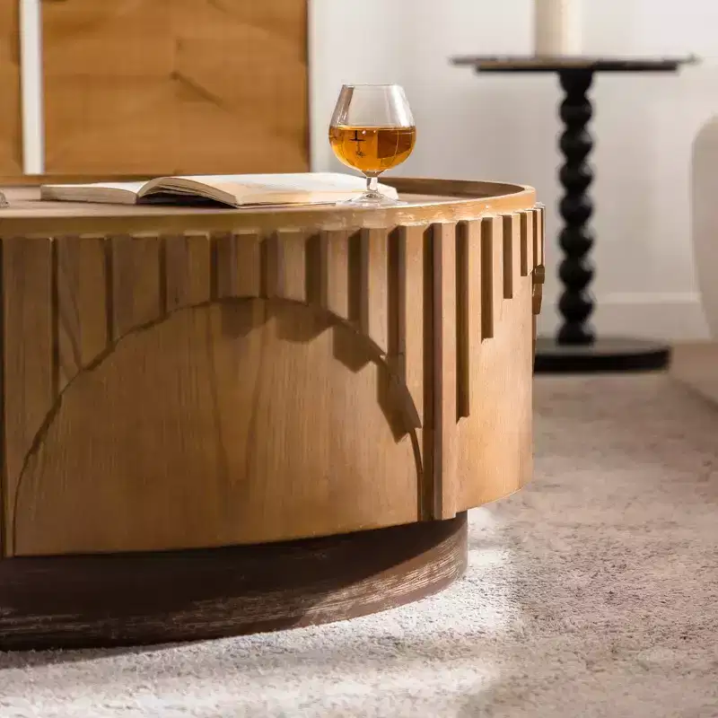 91,4 cm Round Wood Pedestal Coffee Table �C Fluted Relief, Mushroom Silhouette