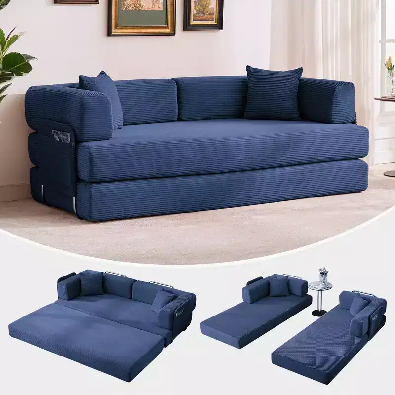 5-in-1 Convertible Sofa Bed – 78.8" Corduroy Floor Sleeper with Adjustable Arms, Backrest & Pillows