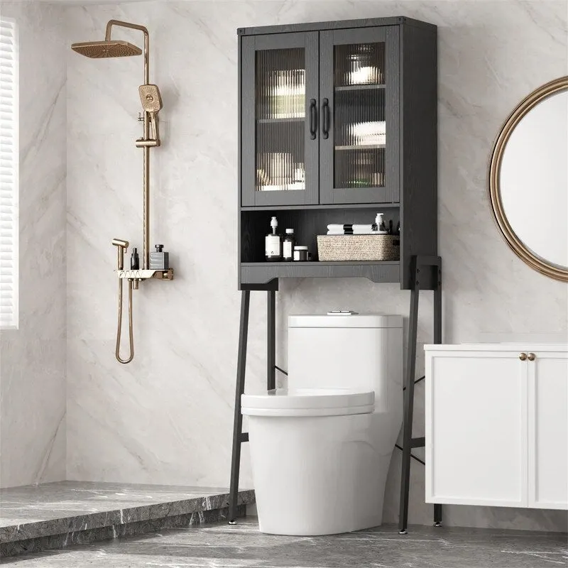 Over-the-Toilet Storage Cabinet with Tempered Glass Doors - 9.4 D x 23.6 W x 66.5 H