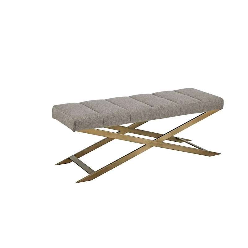 Channel Tufted Grey Polyester Upholstered Dining Bench with Antique Brass X-Legs