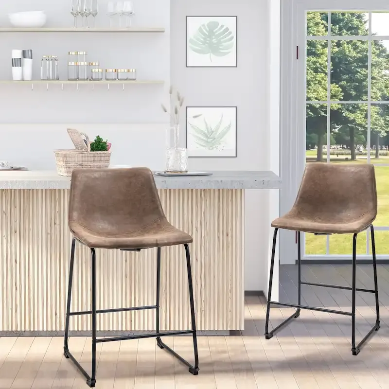 HOMCOM Counter Height Bar Stools Set of 2, Vintage PU Leather Barstools with Footrest for Dining Room, Home Bar, Kitchen