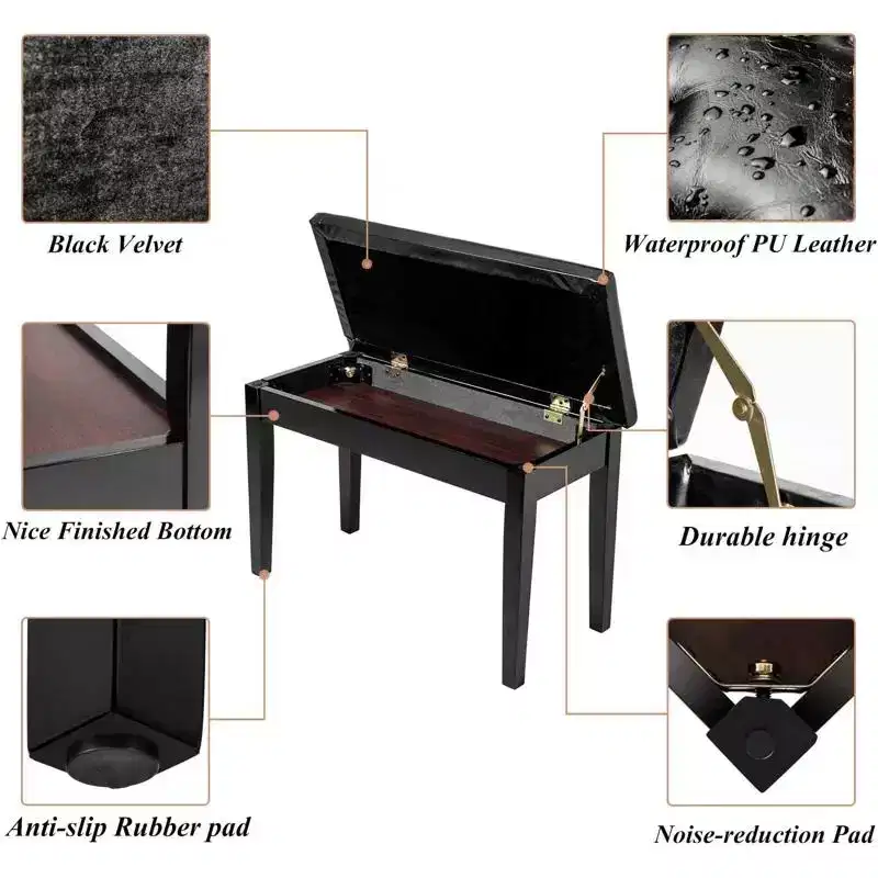 Black Button-Top Piano Bench with Adjustable Height