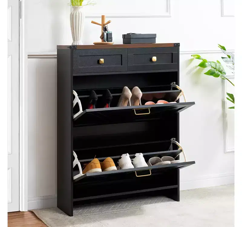 Farmhouse Slim Shoe Cabinet with Flip Drawers Narrow Entryway Shoe Storage Cabinet with 2 Utility Drawers