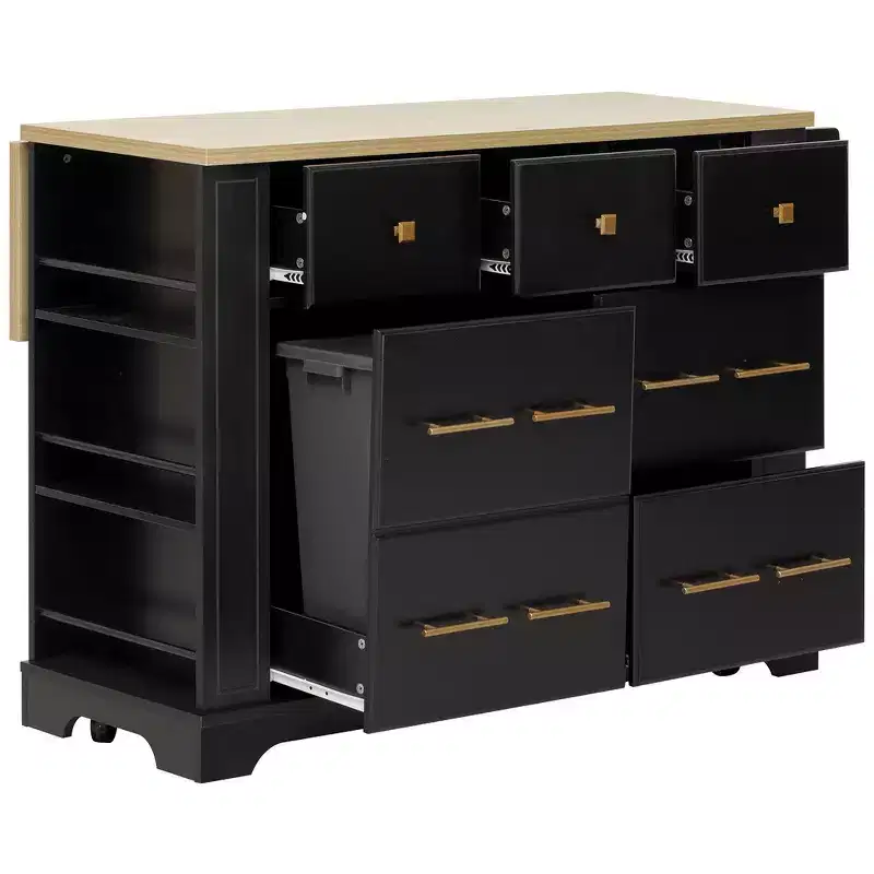 MDF Rolling Kitchen Island with 6 Drawers, Drop Leaf, and Pull-Out Trash 51.2"W x 29.5"D x 36.2"H
